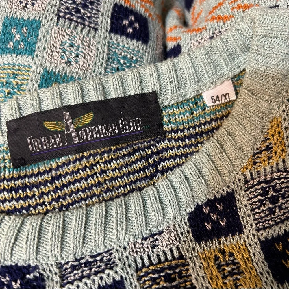 Vintage 90s Square Geometric Eclectic Grandpa Blue Knit Crewneck Sweater XL